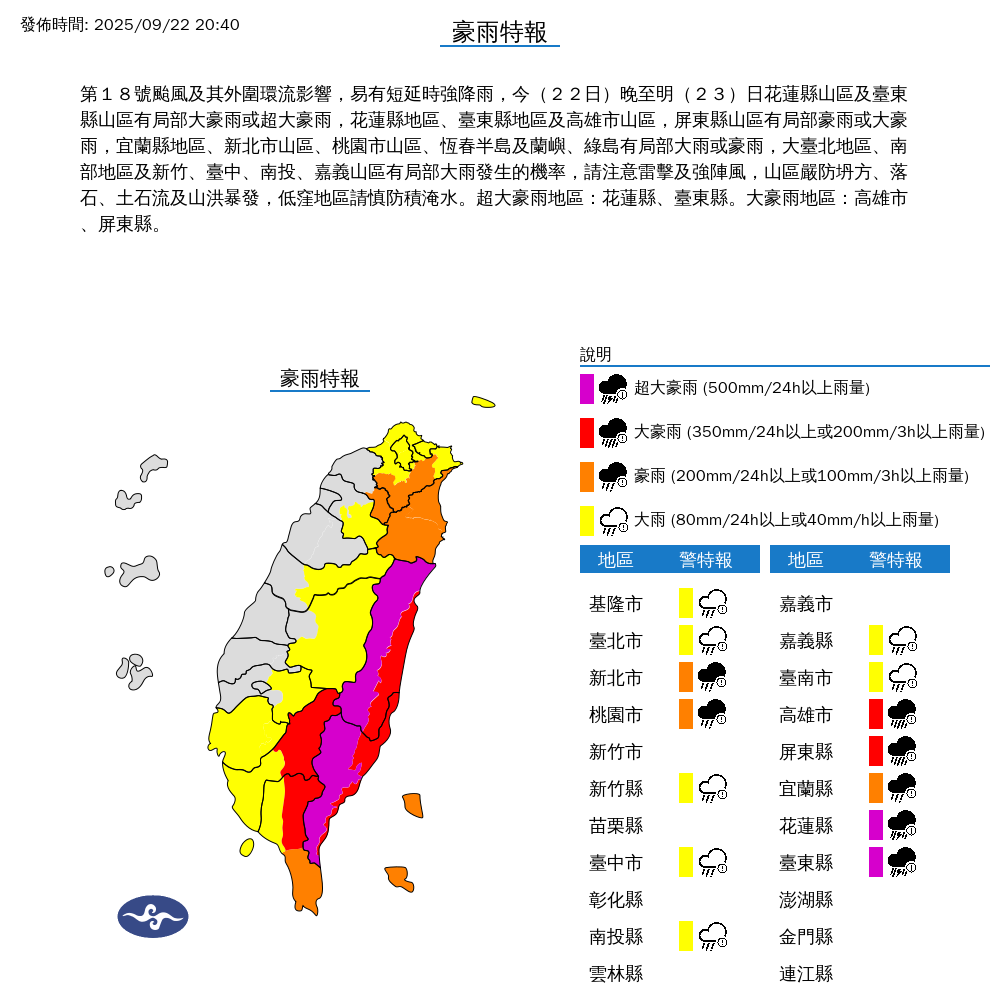 氣象署發布豪雨特報。圖/取自中央氣象署