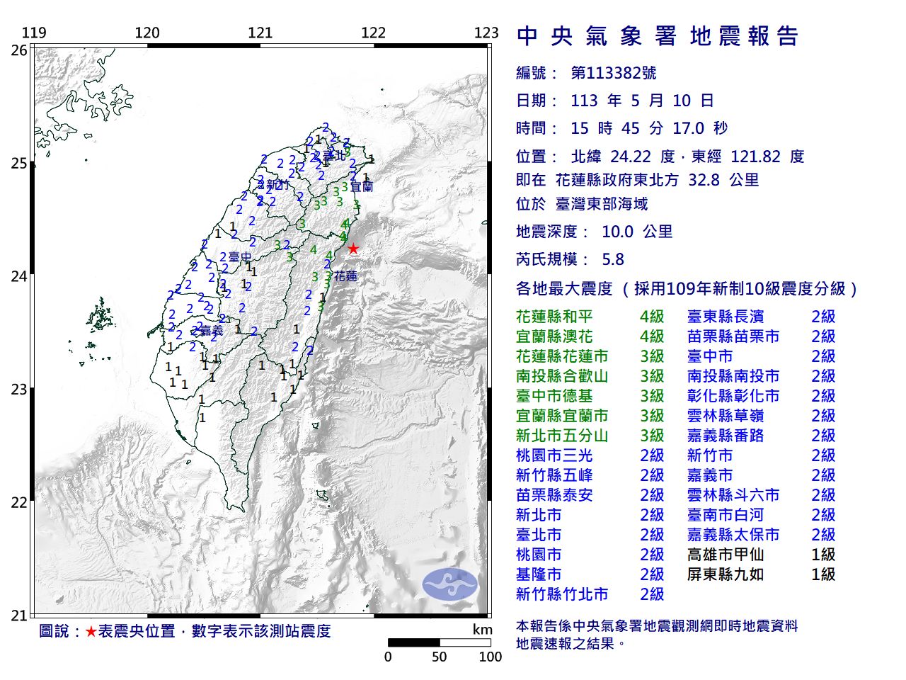 15:45台灣東部海域再度發生餘震，全台劇烈搖晃。圖/取自氣象署