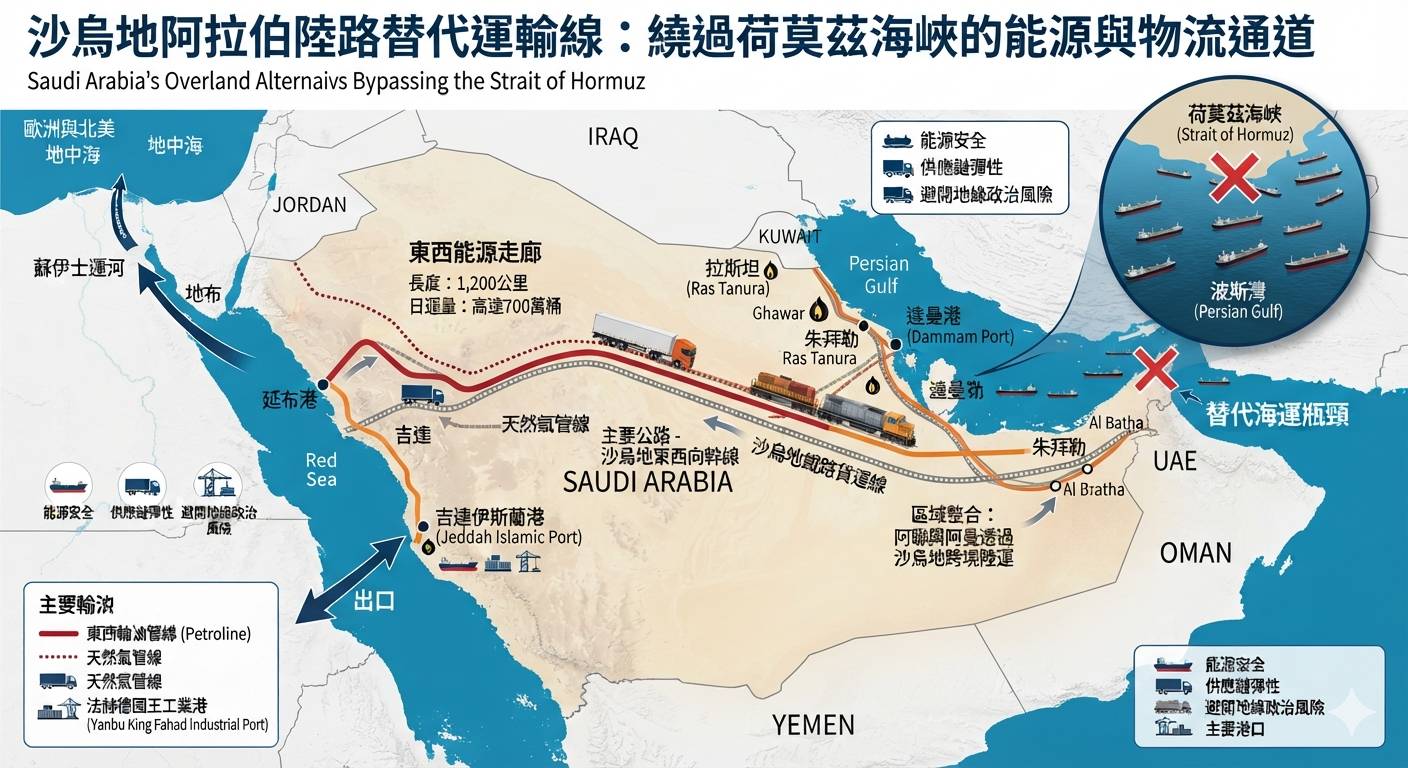 沙烏地阿拉伯陸路替代運輸線。AI製圖
