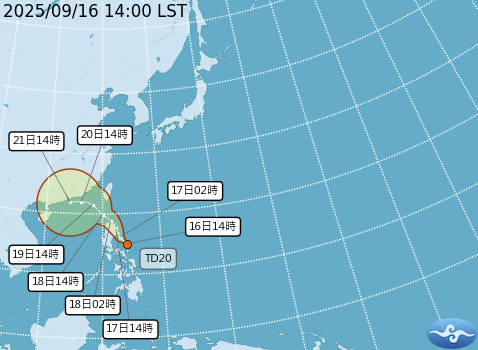 熱帶性低氣壓TD20預測路徑。圖/取自中央氣象署