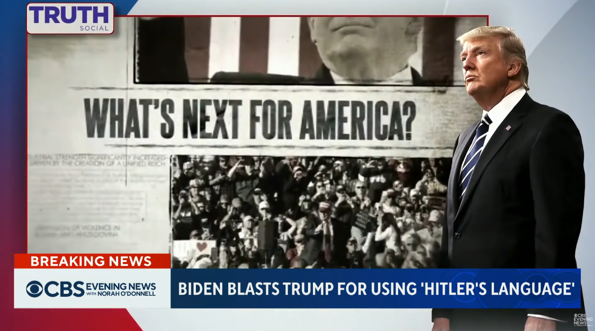 美國前總統川普在其社群平台上轉發一段影片，赫見納粹德國用語。圖/CBS Evening News YouTube頻道