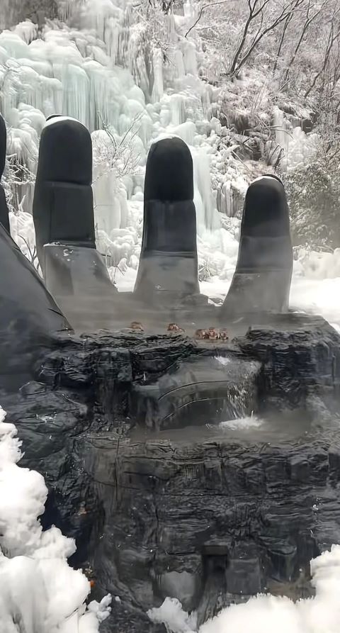 獼猴常聚集的水潭外觀,雲台山景區將原本的造型改為「五指山」樣式。圖/取自環球網文旅