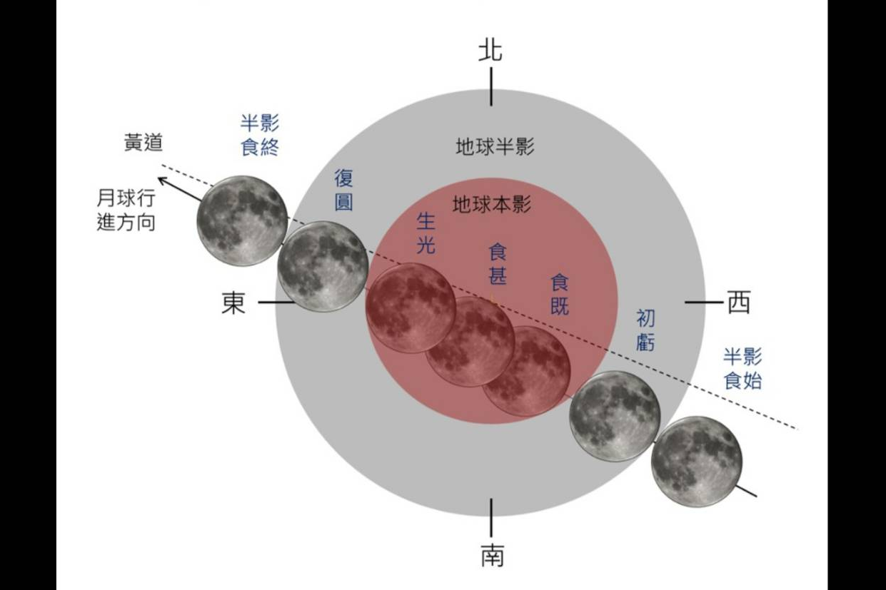 2025年9月7日至8日月全食地影橫截面圖。圖/氣象署提供