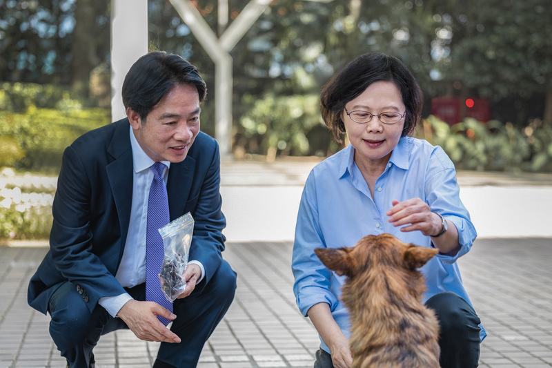 前總統蔡英文（右）6日赴總統賴清德（左）官邸作客，兩人大聊狗狗經。圖／中央社