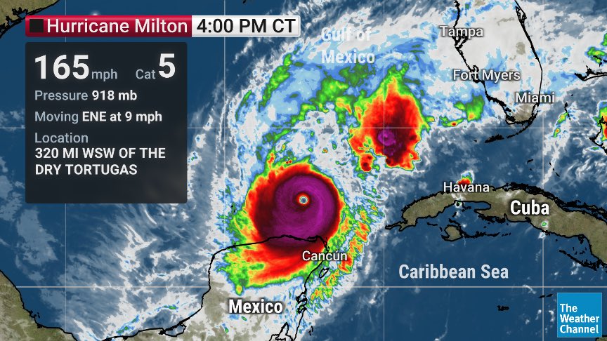 5級颶風米爾頓即將侵襲佛州。圖/取自The Weather Channel官方《推特》