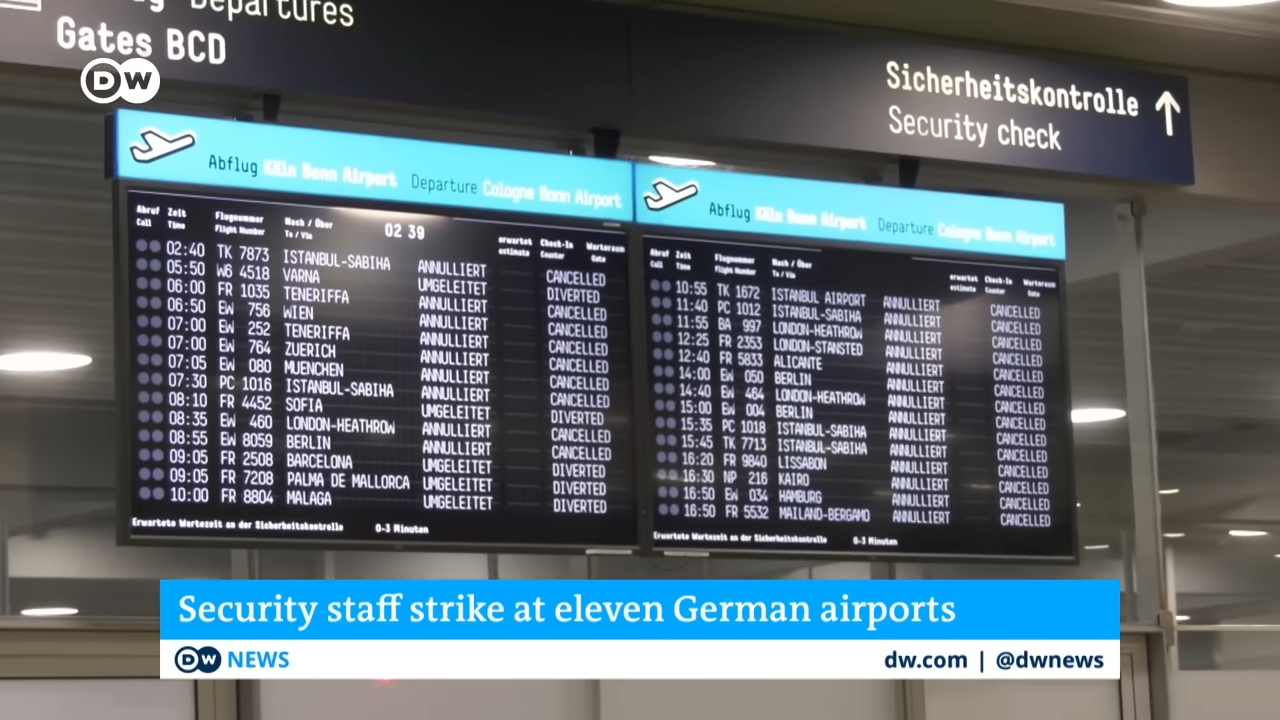 罷工當天就有超過1100航班取消。圖/取自德國之聲官方《YouTube》頻道
