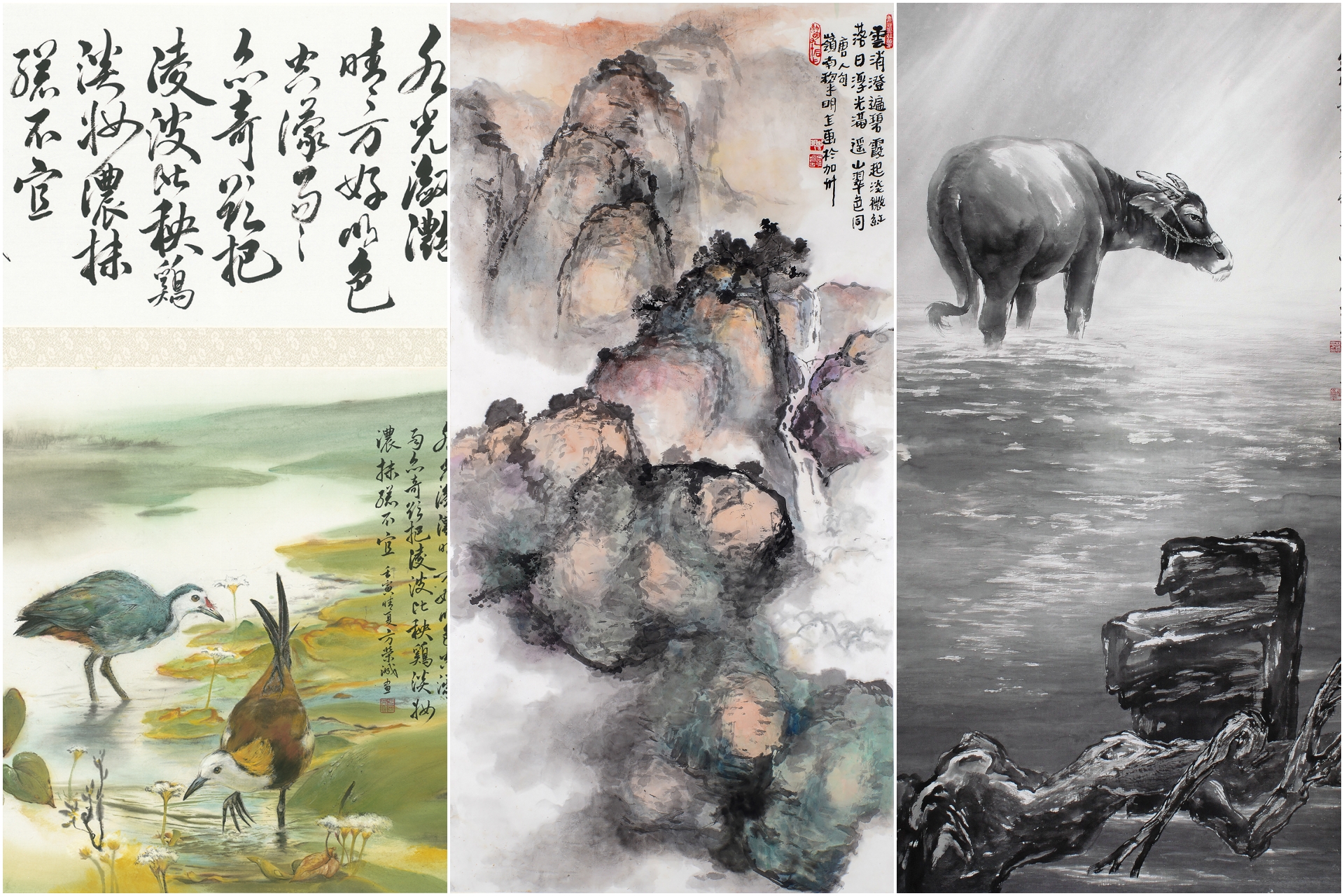 第二屆嶺南畫派大展展出作品，左起方榮誠「追尋」、 黎明「雲消澄遍碧」、林進忠「乾坤開泰映新氣」。圖/國立中正紀念堂管理處提供